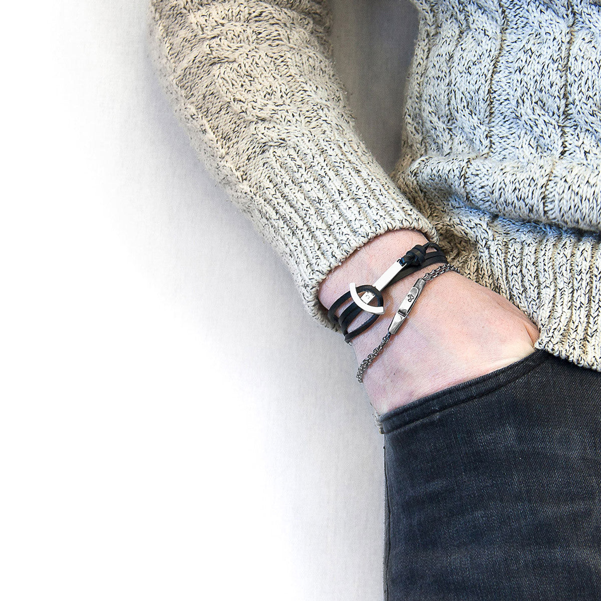 Anchor & Crew Clipper Anchor Silver and Flat Leather Bracelet As Worn