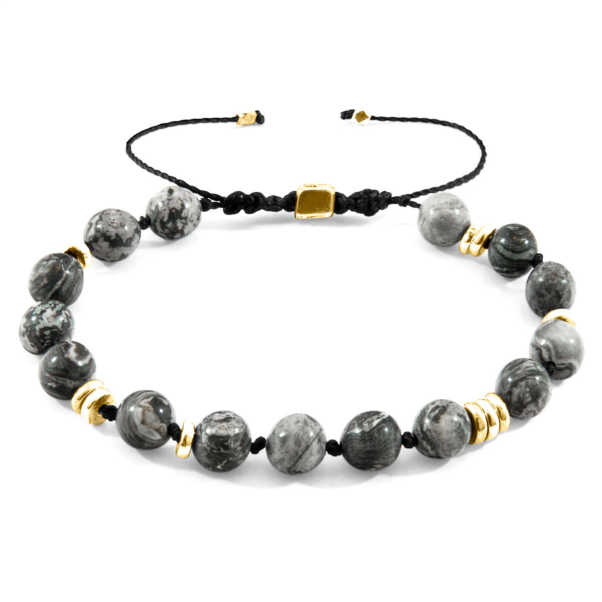 Anchor & Crew Grey Jasper Agaya 9ct Yellow Gold and Stone Beaded Macrame Bracelet