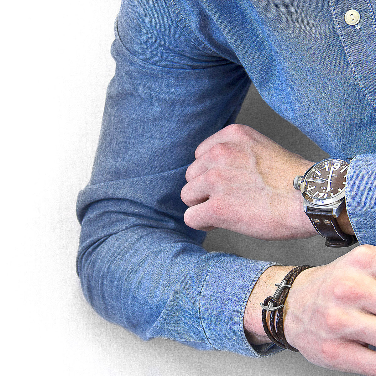 Anchor & Crew Admiral Anchor Silver and Braided Leather Bracelet As Worn
