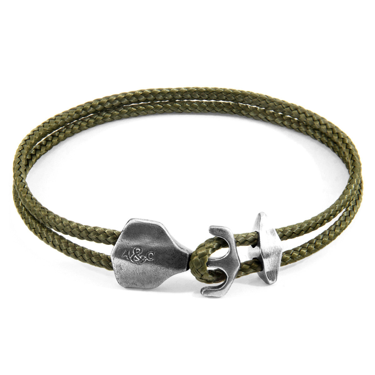 Anchor & Crew Khaki Green Delta Anchor Silver and Rope Bracelet