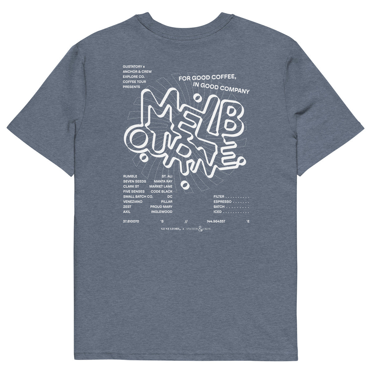 ANCHOR & CREW x GUSTATORY Melbourne Coffee Scene Organic Cotton Embroidered T-Shirt 