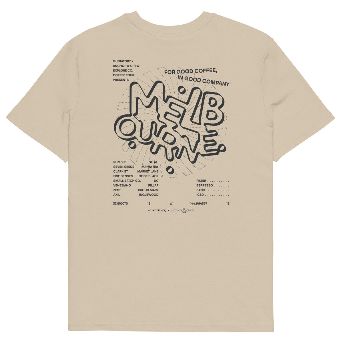 ANCHOR & CREW x GUSTATORY Melbourne Coffee Scene Organic Cotton Embroidered T-Shirt 