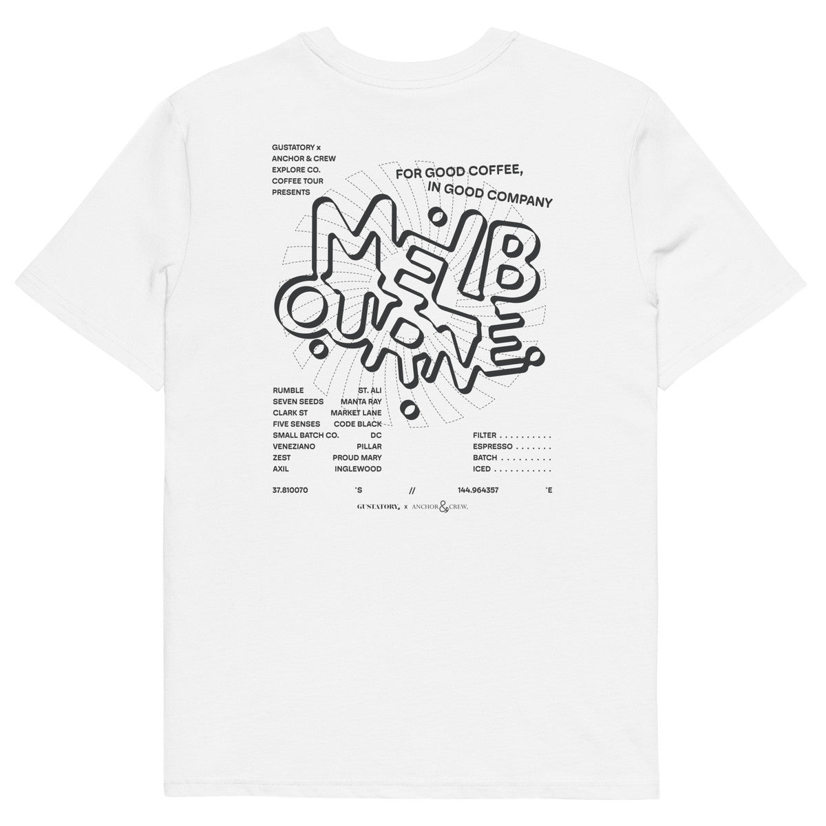 ANCHOR & CREW x GUSTATORY Melbourne Coffee Scene Organic Cotton Embroidered T-Shirt 