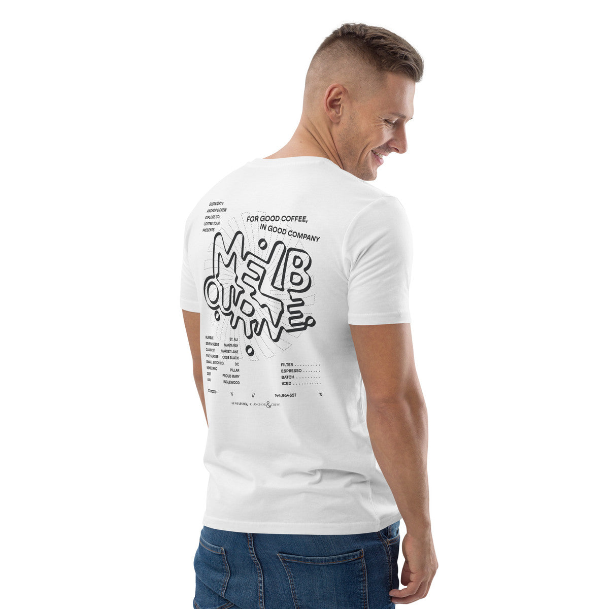 ANCHOR & CREW x GUSTATORY Melbourne Coffee Scene Organic Cotton Embroidered T-Shirt 